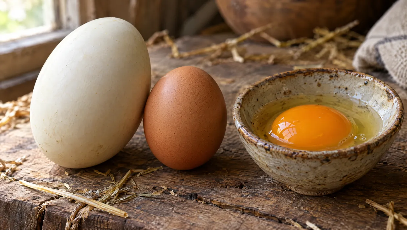 A large duck egg next to a smaller chicken egg, with a cracked duck egg showing its big orange yolk in a ceramic bowl