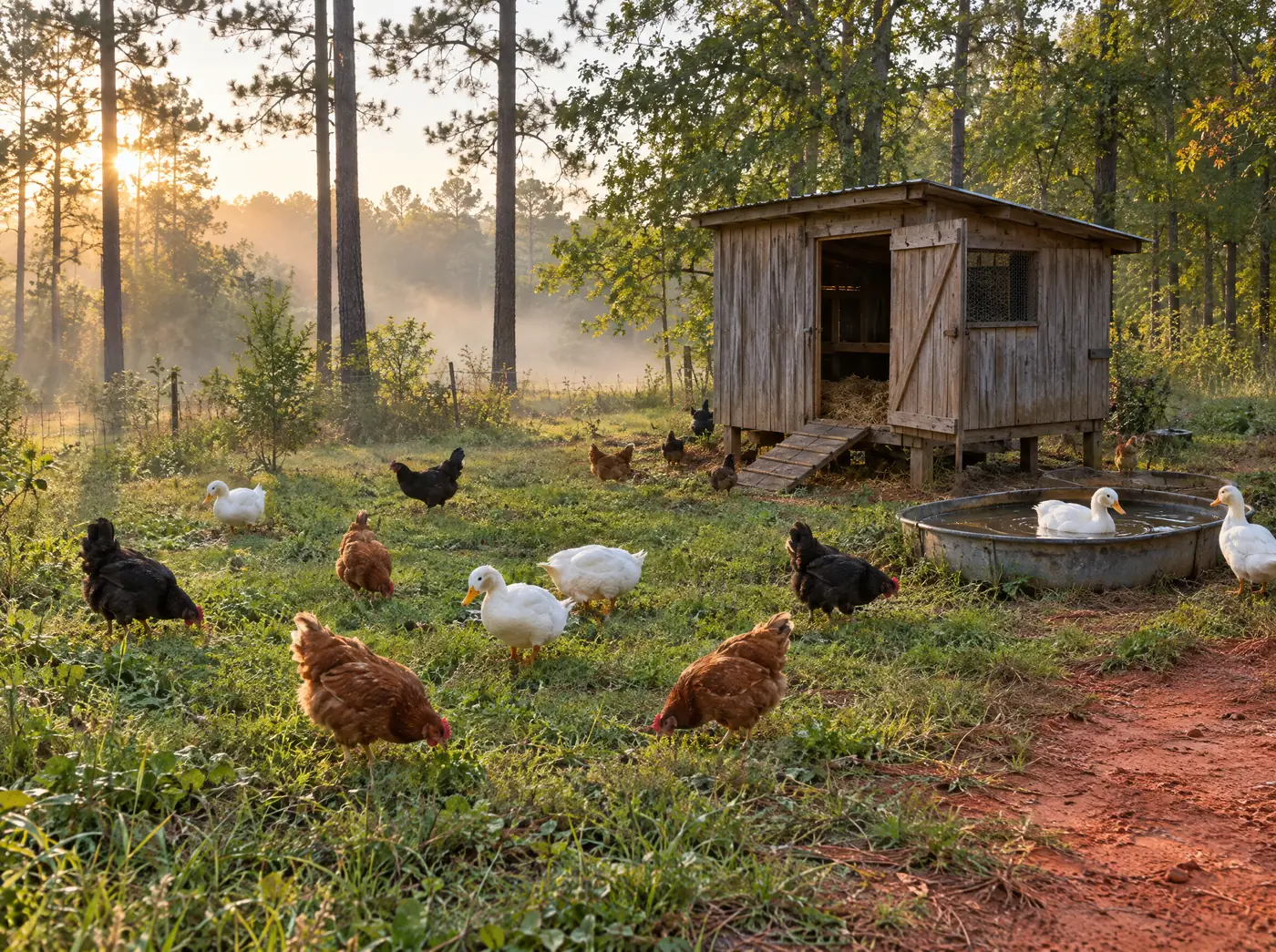 Hens and white ducks foraging on grass outside a wooden coop under tall pines in early morning light
