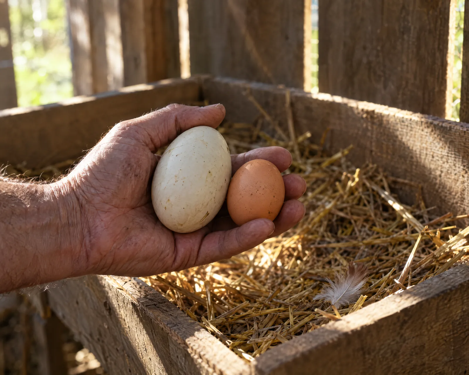 A hand holding a large cream duck egg beside a smaller brown chicken egg over a straw nesting box in morning light